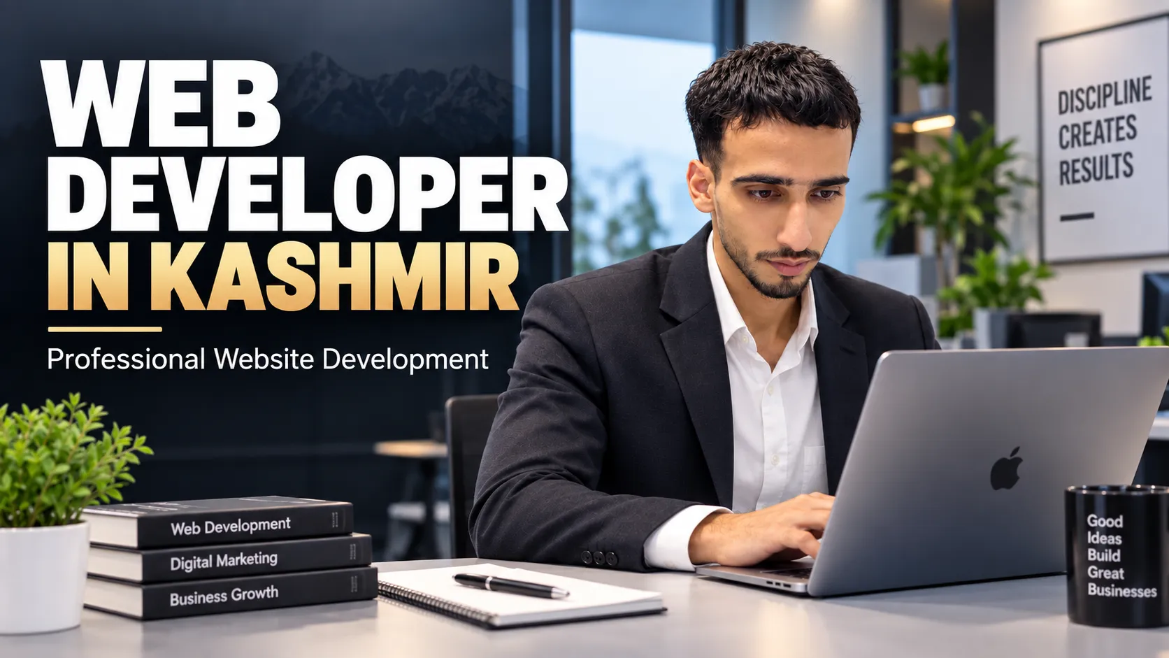 Web Developer in Kashmir working on a laptop in a modern office, representing professional website development and digital business growth.